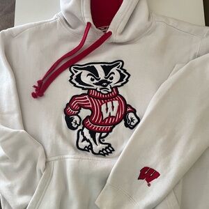 University of Wisconsin - Bucky - Badgers - white sweatshirt with red lined hood